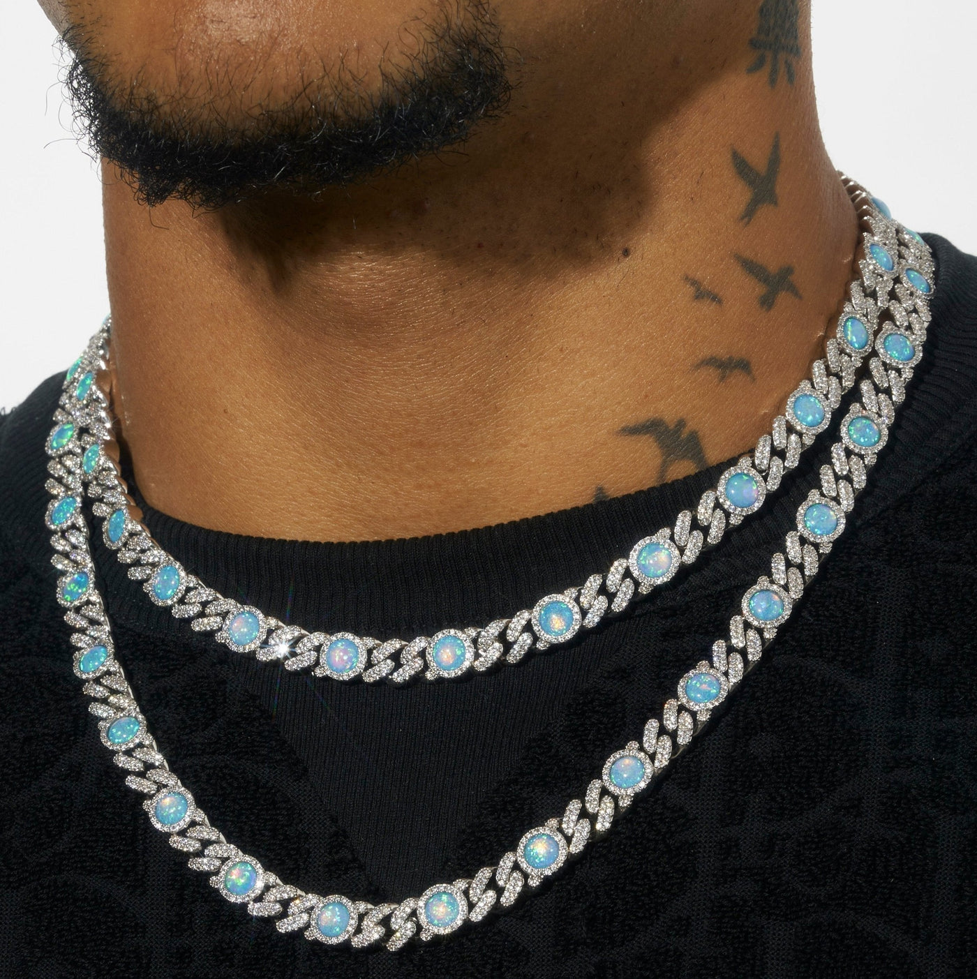 8MM Blue Moissanite Opal Classic Cuban Chain - 925 Silver - D Colour - VVS1