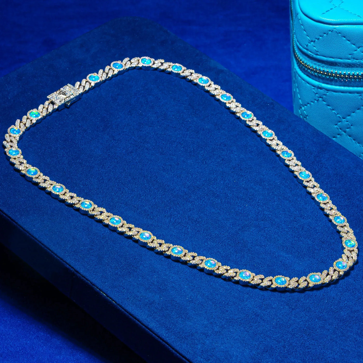 8MM Blue Moissanite Opal Classic Cuban Chain - 925 Silver - D Colour - VVS1
