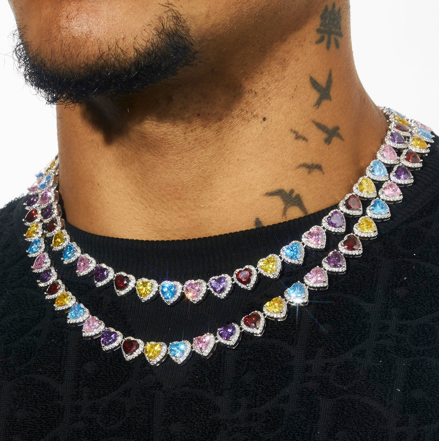 10MM Moissanite Multi Gemstone & White Heart Chain - 925 Silver - D Colour - VVS1